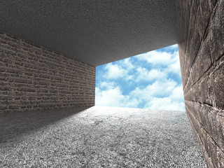 Concrete architecture background. Minimalistic empty room with cloudy sky. 3d render illustration
