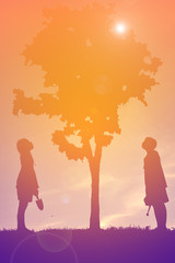 Silhouette children on sunset . concept save the world

