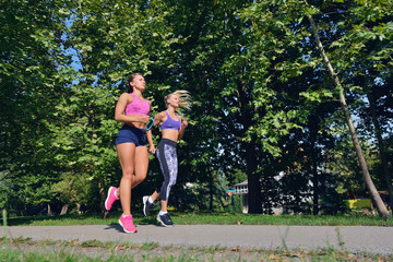 Two woman practicing working out - fitness outdoor at the park