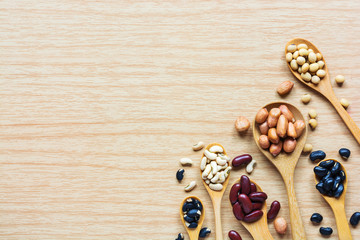 Group of colorful various beans or lentils and whole grains seed
