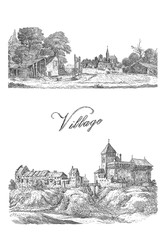Old village art illustration - 121689713