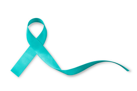 Teal ribbon awareness to support Ovarian Cancer PCOS isolated on white background (clipping path): Satin silk symbolic concept for raising concerns/ help and campaign on people living with illness