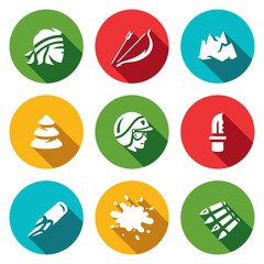 Vector Set of Survival in the forest and mountains Icons. Criminal, Bow, Arrow, Top, Tree, Cop, Knife, Count, Blood, Bullet.