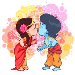 Little cartoon Krishna kissing Radha.