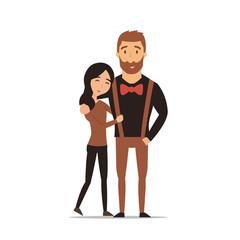 Happy smiling couple in love cartoon vector illustration. Hipster Character