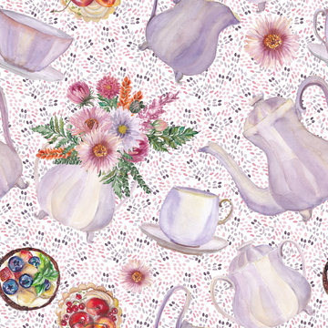 Watercolor hand drawn seamless pattern with vintage Porcelain teapot, sugar bowl, cups, flowers and desserts. Tea party collection.