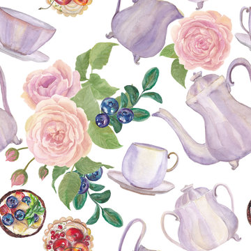 Watercolor hand drawn seamless pattern with vintage Porcelain teapot, sugar bowl, cups, flowers and desserts . Tea party collection with english roses