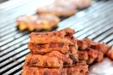 Barbecue Beef Kebabs On The Hot Grill Close-up.
