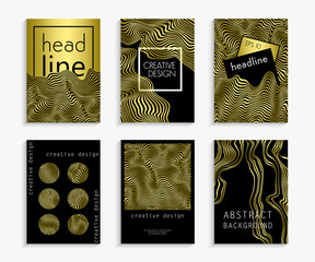 Set creative hand drawn cards in gold and black colors. Wavy striped vector background. Deformed space. Abstract curved lines. Festive design. Zebra effect. Vector illustration for your design. Eps 10