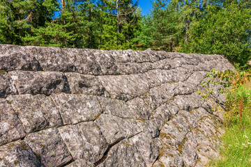 Rampart of boulders in the woods