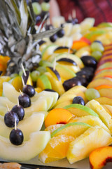 Different fresh fruits on wedding buffet table