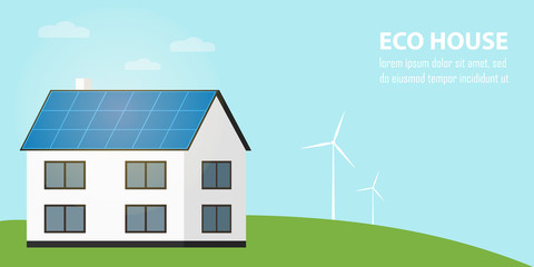Eco house vector illustration. House with blue solar panels on the roof. Wind generator turbines. Production of energy from the sun and wind. Modern alternative energy generation. Natural background