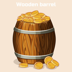 Cartoon wooden barrel full of gold coins, the game elements in vector