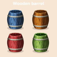 colored cartoon wooden barrels, game elements in vector