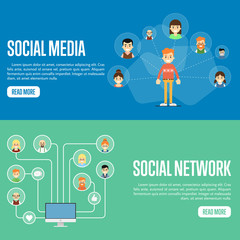 Smiling cartoon boy with own successful social network. Round people icons connected with laptop. Social media network banners, vector illustration. Creative network, information process. Teamwork.