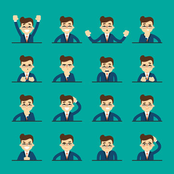 Cartoon Man In Various Poses And Facial Expressions. People Emotional Icons Isolated On Blue Background, Vector Illustration. Collection Of Female Avatars Faces. Different Emotions Icon Set.