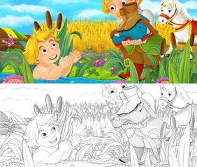 Cartoon scene with prince and servant by the water - illustration for children
