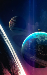 Universe scene with planets, stars and galaxies in outer space showing the beauty of space...