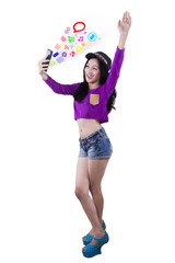 Girl with cellphone and social media icon