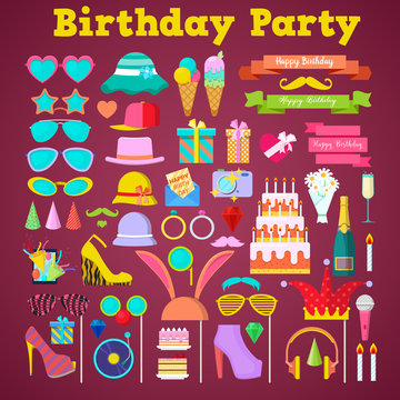 Birthday Party Decoration Set with Photo Booth Elements and Cake. Vector Icons