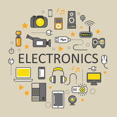 Fototapeta na wymiar Electronics Technology Line Art Thin Vector Icons Set with Computer and Gadgets