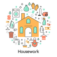 House Work Line Art Thin Vector Icons Set with Washing Machine and Vacuum