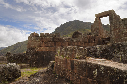 Ancient Inca temple of the sun, Intihuatana at the sacred valley, Pisac, Peru. 