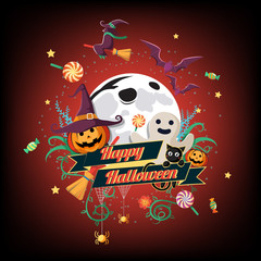 Flat Halloween Icon and Halloween Character and element design Badge, Halloween Background, Vector Illustration, Trick or Treat Concept, Pumpkin and Spider Web, Witch Hat, Broom, Candy, Bat and Cat