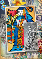 Regina di cuori,vecchie carte e francobolli antichi