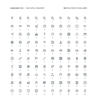 Map, hotel clear line icons