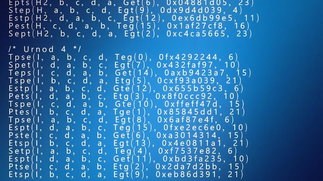 A simple animation of source code scrolling down (scrambled text from public domain). White characters on a blue gradient background. Texture, abstract, overlay.

