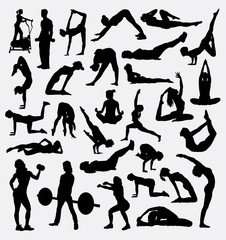 Fototapeta premium Fitness, gymnastic, pilates sport silhouette. Male and female training activity. Good use for symbol, logo, web icon, mascot, sign, design, sticker, or any design you want. 