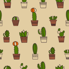 Cactus Pattern / Seamless Background with Cactus and succulent in Pot