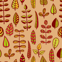 Fototapeta na wymiar Seamless Pattern with Leaves / Hand Drawn Abstract Vector Illustration