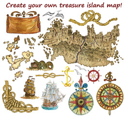 Set for treasure island map isolated