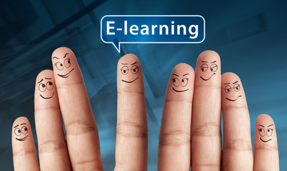 Happy group of finger with the word e learning – education e learning  concept