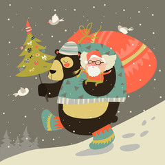 Funny bear with happy Santa Claus