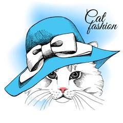 Fototapeta premium Cat portrait in a blue summer hat with bow. Vector illustration.