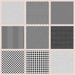 Set mit nahtlosen Mustern schwarz weiss, Basics mit Punkten, Streifen, Wellen und Karos