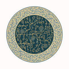 Ornament in the circle with a vine. Design element for denim clothing.
Textile badge.