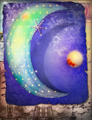 Falce di luna fiabesca con stelle e fiocchi di neve su sfondo blu notte © Rosario Rizzo