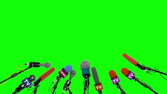 Press and media conference microphones animated on green background
