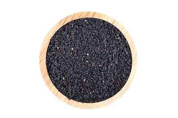 black sesame seeds in wooden bowl
