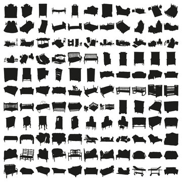 Set of Hundred Beds and Sofas Silhouettes. Beautiful Vector in High Resolution.