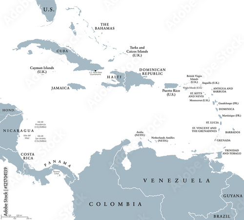 The Caribbean Countries Political Map With National Borders Sea Greater Lesser The Caribbean Countries Political Map With National Borders Sea Greater Lesser