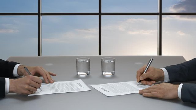 Male hands signing documents. Handshake on blue sky background. Titans of business. Promises and duties.