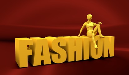 Sexy woman mannequin sit on fashion word. 3d rendering. Sculpture from gold metal