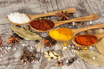 Spices. Spice in Wooden spoon. Herbs. Curry, Saffron, turmeric, cinnamon and other on a wooden rustic background. Pepper. Large collection of different spices and herbs. Salt, paprika.