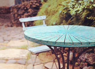 table at summer terrace restaurant. Selective focus , vintage filter - 121706779