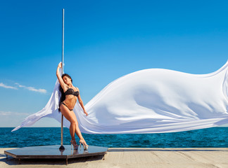 Female pole dancer against the sea and sky © Andriy Petrenko